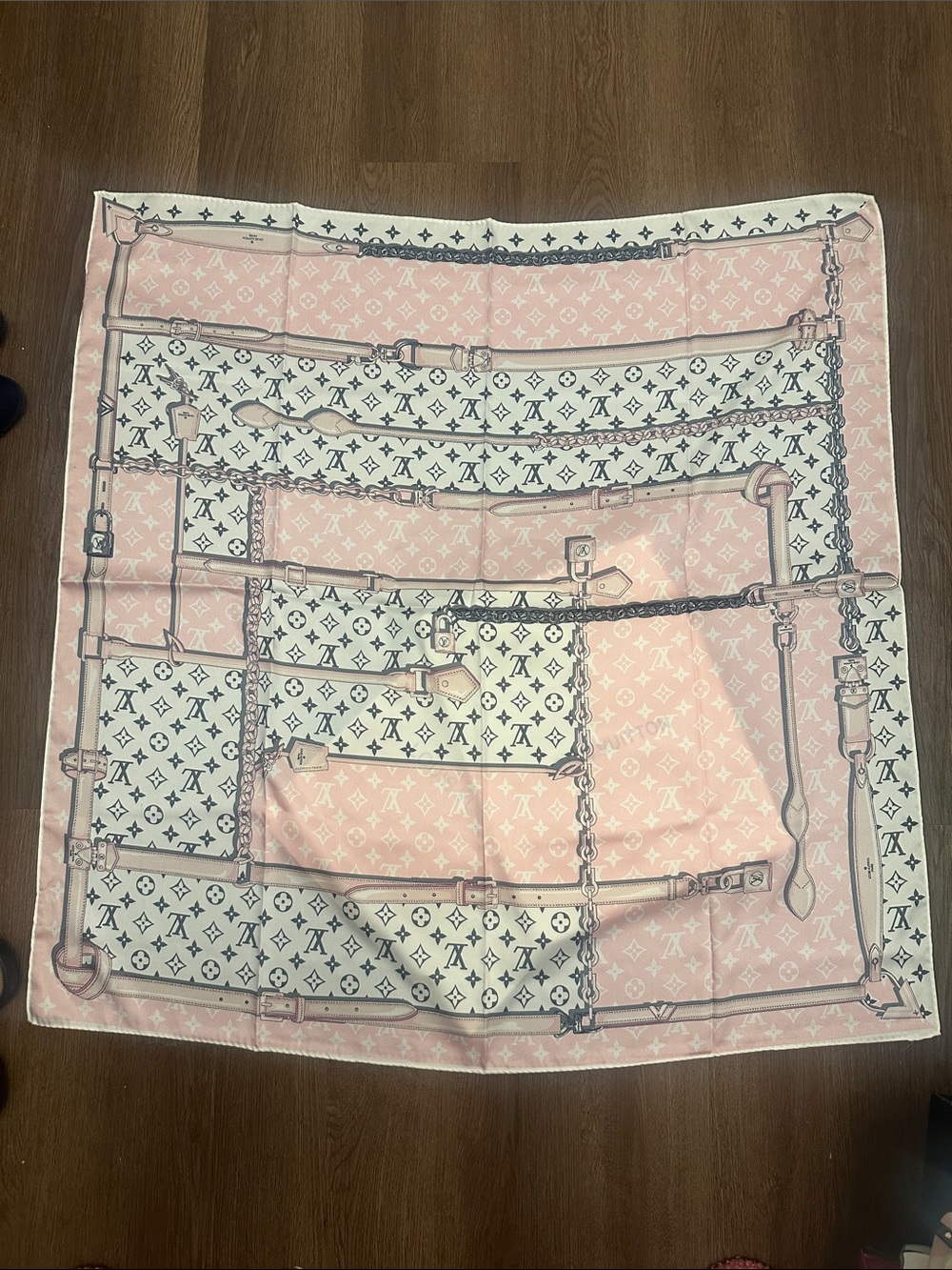 L V Pink and Cream Monogram Silk Square Scarf with Chain & Belt Print